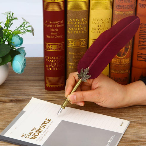 Feather Quill Pen Vintage Feather Dip Ink Pen Set Copper Pen Stem Writing Quill Pen Calligraphy Pen As Christmas Birthday Gift Set (wine red)...