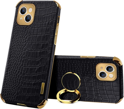 Guppy Compatible with iPhone 15 Plus Ring Holder Case Luxury Crocodile Cover Gold Edge 360 Degree Rotation Stand for Women Slim Leather Snake Liza...