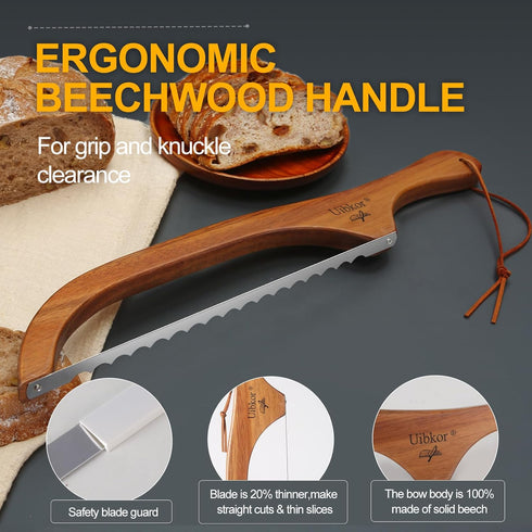 Wooden Bread Bow Knife, 16" Serrated Bagel Knife, Serrated Sourdough Cutter, Premium Stainless Steel Serrated Saw Bread Cutter, Bread Slicer Knife...