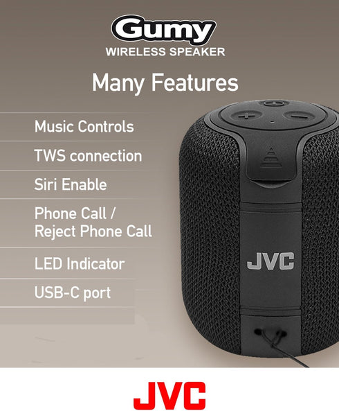 JVC Portable Gumy Wireless Speaker with Surround Sound, Bluetooth 5.3, Lightweight, TWS Capability, USB-C, up to 15-Hour Battery Life - SPSG1BTB (...
