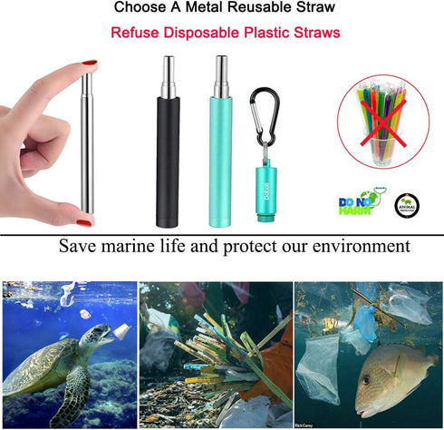 2 Pack Reusable Metal Straws Collapsible Stainless Steel Drinking Straw Travel Portable Telescopic Straw with Case,2 Cleaning Brushes Included Bla...