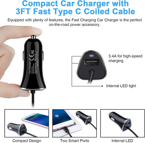 Fast Car Charger Pixel 7 Type C Car Plug Android USB C Cigarette Lighter Car Adapter Fast Charging C Coiled Cable for Samsung Galaxy A14 5G/S23/A5...
