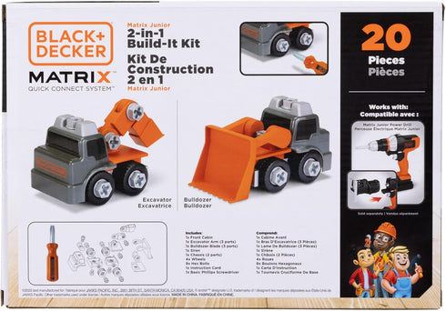 Black+Decker Matrix Jr.Kids Boys Play Tools 2-in-1 Build-It Kit: Excavator and Bulldozer 20 Piece Playset...