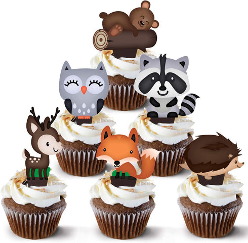 Pretty Cute Studios 48 Count Woodland Animals Cupcake and Cake Toppers – Includes 8 Owls, 8 Teddy Bears, 8 Raccoons, 8 Hedgehogs, 8 Foxes, and 8 R...