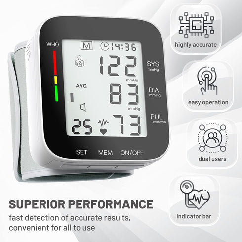 Wrist Blood Pressure Monitor Automatic Large LCD Display Adjustable Wrist Cuff Automatic Dual 99 Reading Memory Automatic Digital BP Machine for H...