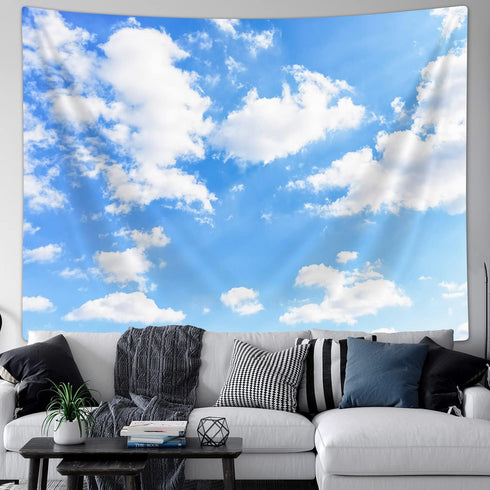 Light Blue Wall Decor Tapestry Blue Sky White Clouds Natural Landscape Tapestries Wall Art Hanging, Summer Sunny Peace Nature Aesthetic Tapestry f...