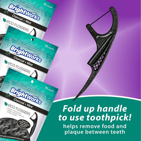 Brightworks ECO Sustainable Floss Picks - 225 Count - Made in USA Charcoal + Mint Infused 100% Post-Consumer Recycled Plastic with Micro-Crystals ...