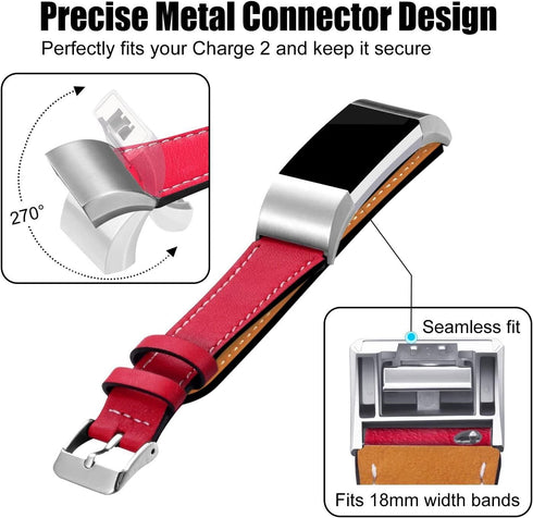 Replacement Leather Band Compatible with Fitbit Charge 2, Classic Genuine Leather Wristband for Men Women(Red-Silver Buckle)...