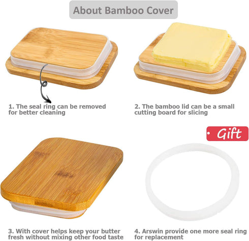 Butter Dish with Lid, Porcelain Keeper with Wood Lid Cover for Butter, Microwave Safe Easy Clean Butter Storage Container for Countertop and Refri...