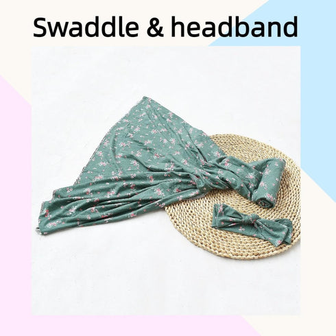 Baby Girl Newborn Swaddle Blanket Receiving Blanket with Headband Set Floral Nursery Swaddle Wrap(green)...