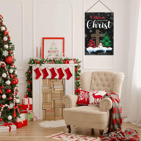 Christmas Garden Flag Christmas Begins With Christ Flag Religious Cross Decor Flag 12x18 Double Sided Burlap Garden Flags For Christmas...