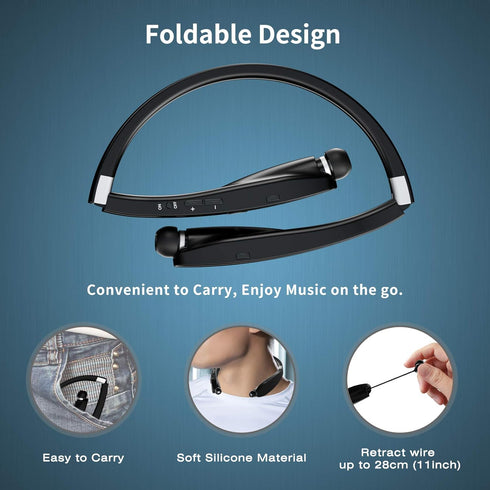AMORNO Foldable Bluetooth Headphones Wireless Neckband Headset with Retractable Earbuds, Sports Sweatproof Noise Cancelling Stereo Earphones with ...
