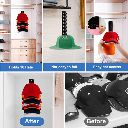 Hat Rack for Wall, 2 Packs Hat Organizer for Baseball Caps Adhesive Hat Hooks Hold Up to 32 hats, Hat Storage Display Hat Hanger Holder for Door C...