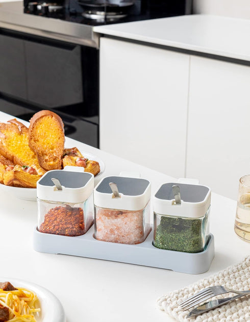 Mlici 8.6 oz Condiments Container Seasoning Jars, Kitchen Spicy Jars with Lids and Spoons, Tea Coffee Sugar Canisters Glass Spice Box, Set of 3, W...