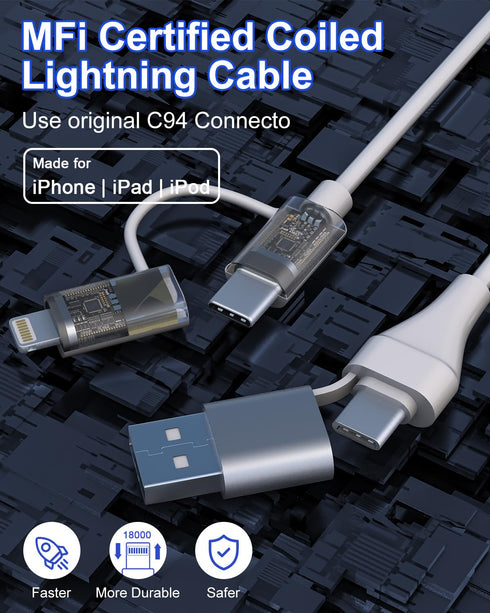 USB C Cable Apple Charger 4 in 1 - PD 60W/27W USB C Fast Charging & Data Sync Multi Charger Cord, 6FT Coiled Lightning Cable to USB for iPhone/Pad...