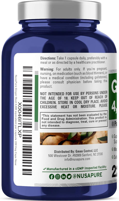 NusaPure Ginger Root Capsules 4000 mg per Veggie Caps | 220 Count | Non-GMO | 20:1 Extract...