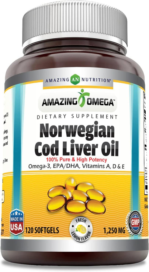 Amazing Omega Norwegian Cod Liver Oil 1250 Mg Softgels Supplement | Omega-3, EPA, DHA, Vitamin A, Vitamin D & Vitamin E (Lemon | 120 Count)...