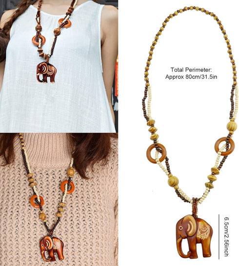 Vintage Ethnic Wood Elephant Pendant Wooden Bead Necklace Long Sweater Chain Women Vintage Necklace Jewelry Gift for Birthday Mother's Day, Valent...
