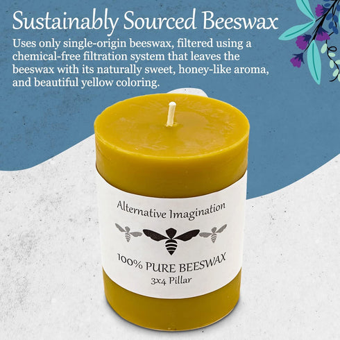 100% Pure Beeswax Candle - Medium Pillar Candle - 60 Hour Burn Time - 3x4 Inch - Alternative Imagination...