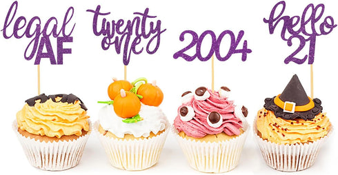 24 Pcs Glitter 21st Birthday Cupcake Toppers for Celebrating Twenty-One Years Old Birthday Party Decorations (Purple Glitter)...