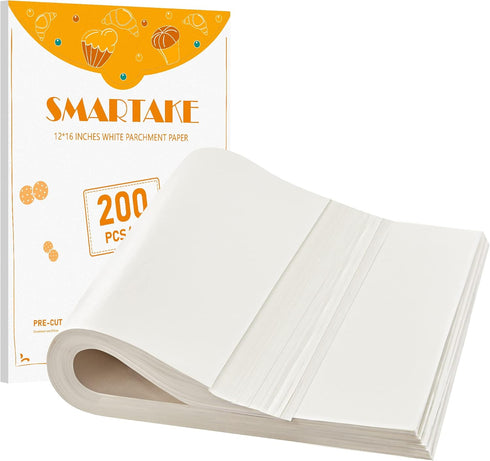 SMARTAKE 200 Pcs Parchment Paper Baking Sheets, 12x16 Inch Non-Stick Precut Baking Parchment, Suitable for Baking Grilling Air Fryer Steaming Brea...