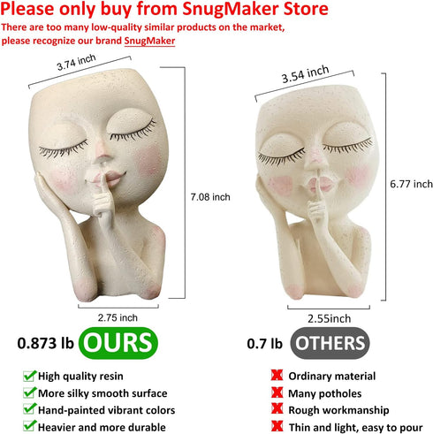 SnugMaker Face Planter Pots Head Planter, Succulent Planters, Face Flower Pot Head Planter for Indoor Outdoor Plants with Drainage Hole Closed Eye...