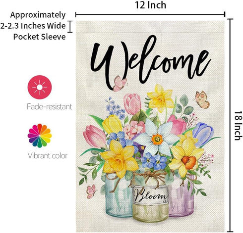 CROWNED BEAUTY Spring Garden Flag Floral Mason Jar 12x18 Inch Double Sided for Outside Small Burlap Seasonal Welcome Yard Flag...