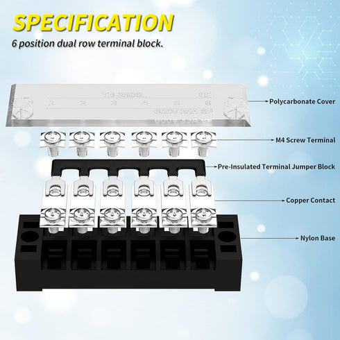 Joinfworld 35A Terminal Block 6 Position Screw Terminal Strip Dual Row with Cover & 6 Position Pre-Insulated Terminal Jumper Block -2pcs...