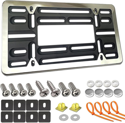 Front License Plate Mounting Kit- Stainless Steel License Plate Frame and Universal Bracket for No Drilling Hole Front Bumper, Car Tag Cover Adapt...