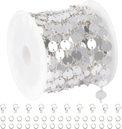 YOUBEIYEE 16.4 Feet Silver Sequin Chains for Jewelry Making Silver Plated Brass Jewelry Chain Roll with Jump Rings and Lobster Clasps...