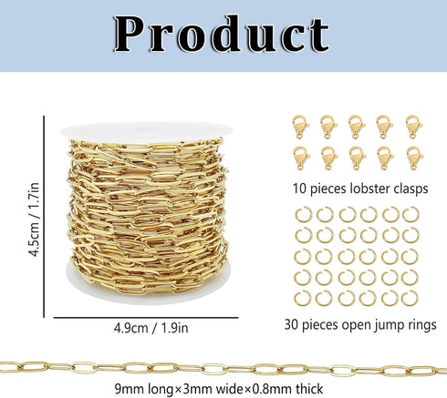 16.4 Feet Stainless Steel Paperclip Chains for Jewelry Making Gold Plated Bulk Bracelet Necklace Chain with Lobster Clasps and Jump Rings (3mm Wid...