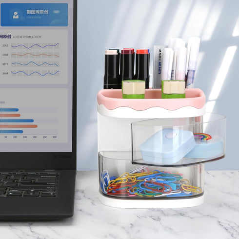LETURE Desk Pencil Pen Holder with Drawer, Desktop Storage Pen Marker Organizers Stationery Supplies, Cute Pencil Cup Pot for Office, School, Home...