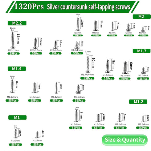 Flat Head Self Tapping Screws 1320Pcs Small Screws 304 Stainless Steel M1/1.2/1.4/1.7/2/2.2 Tiny Countersunk Cross Drive Head Electronic Screw 24 ...