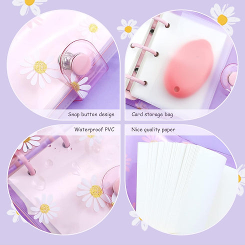 2 Sets Mini Transparent 3 Ring Binder Covers with Daisy Pattern Binder Inner Paper and Pockets Clear Soft PVC Notebook Loose Leaf Binder with Snap...