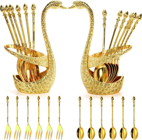 14 Pack Swan Base Holder with Coffee Spoon Forks, Gold Creative Dessert Flatware Set, Decorative Party Golden Serving Teaspoons for Stirring, Mixi...