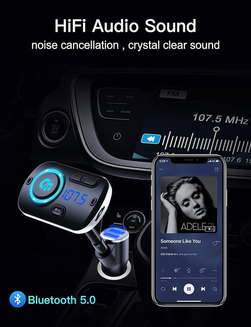 Arsvita Upgraded Bluetooth FM Transmitter for Car, Radio Receiver/Audio Adapter with Gooseneck Dual Car Charger, Support QC3.0 Quick Charging, Han...