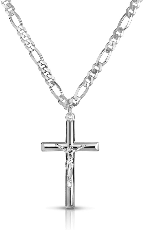 Verona Jewelers Men and Women 24" Stainless Steel 3.8MM Figaro Chain Necklace Crucifix Cross Pendant (Silver Color)...
