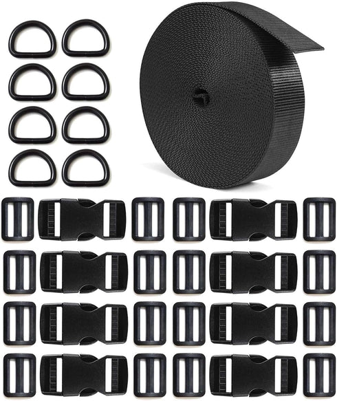 10 Yards 1'' Nylon Webbing Straps 8 Pcs Quick Side Release Buckles for 1inch Strap, 16 Pcs Tri-Glide Slides Flat Plastic Buckle Clips, 8 Pcs Metal...