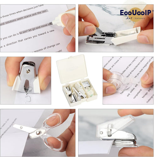 EooUooIP Practical and Beautiful Office Supplies White Handbook Tool Box,Stapler Tape Staples Hole Puncher Paper Scissor for Efficient Work and St...