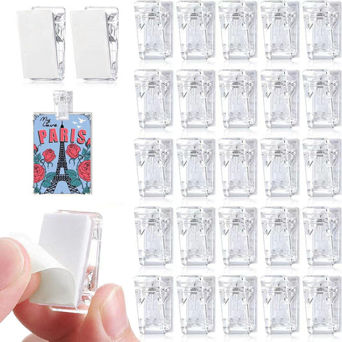 Self-Adhesive Clips 30 Pcs Tapestry Hangers Sticky Photo Clips Wall Clips Double-Sided Adhesive Spring Clips for Notes, Poster, Paper, Flag Hanger...