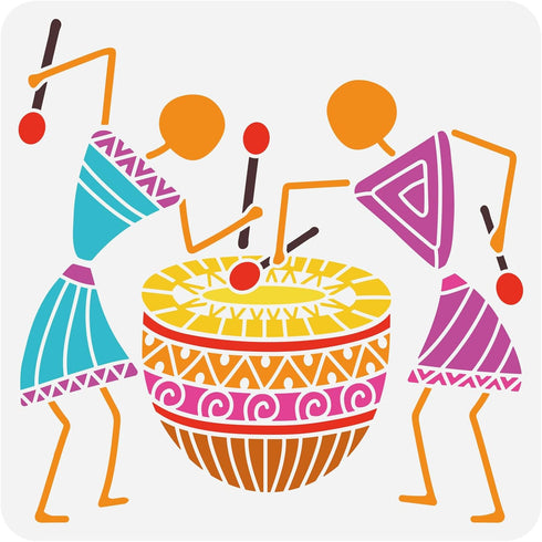 FINGERINSPIRE Warli Art Painting Stencil 11.8x11.8inch Tribal People Drumming Stencil Tribal Art Stencil Decorative Tribe Theme Plastic Stencil fo...