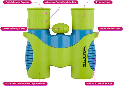 Binoculars for Kids, Girls or Boys Real Kids Binoculars in Vibrant Green Blue - Includes Sticker Book with 40 Bird Species - Small Toys for Toddle...