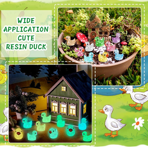 Luminous Glitter Tiny Ducks 100pcs Mini Little Resin Ducks Figures Glow in The Dark Ducks Animal to Hide Small Ducks Bulk for Dollhouse Micro Doll...