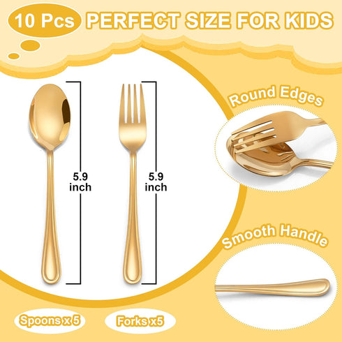 E-far 10-Piece Gold Toddler Utensils, Kid Stainless Steel Silverware Set, Children Safe Forks and Spoons Set for Self Feeding, Healthy & Non-Toxic...