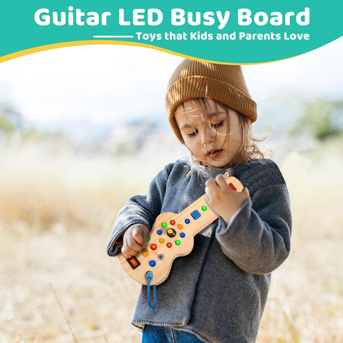 Montessori Toddler Busy Board Toy Busy Board with 15 LED Light Wooden Guitar Busy Board Toy Sensory Toy Light Switch Toy for Toddler and Baby...