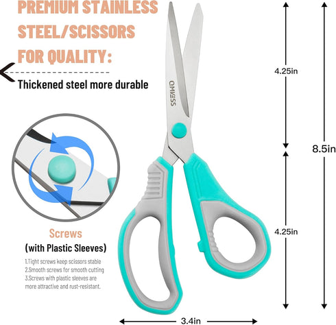 QMVESS 8.5" Scissors All Purpose 3 Pack, Ultra Sharp Multipurpose Blade Shears, Professional Ergonomic Comfort Grip Scissors for Office School Hom...