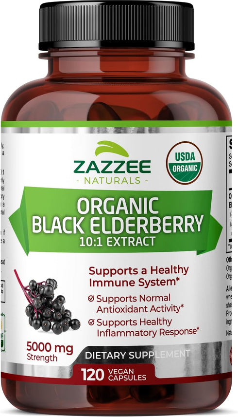 Zazzee USDA Organic Black Elderberry 10:1 Extract, 5000 mg Strength, 120 Vegan Capsules, 2 Month Supply, Standardized, Concentrated 10X Extract, 1...