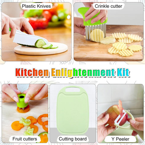 9 Pcs Kids Kitchen Knife Set, Kids Knives For Real Cooking With Cutting Board, Y Peeler, Crinkle Cutter, Sandwich Cutter, Serrated Edges Plastic T...