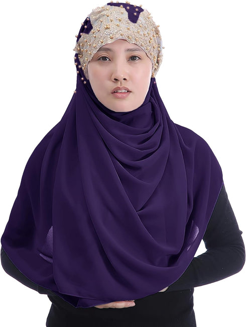 Lina & Lily Premium Chiffon Hijab Head Scarf Wrap with Gold Sequins Glitters Beads for Muslim Women...
