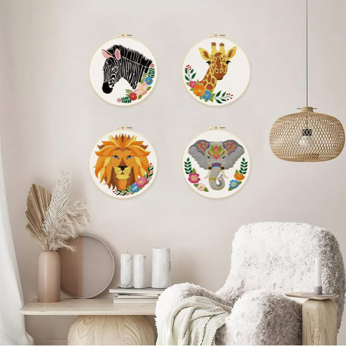 ORIGACH 4 Pcs Wild Animal Embroidery Starters Kit for Beginners, Zebra Lion Elephant Giraffe Embroidery Stitch Practice kit Include Embroidery Clo...